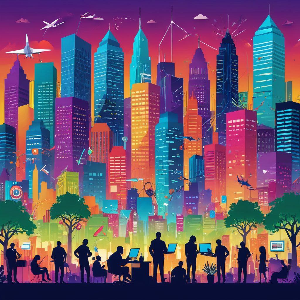 A digital landscape showcasing a bustling online adult marketing scene, featuring diverse characters engaging with vibrant marketing tools and platforms. Include symbols of success like rising graphs and digital ads, set against a backdrop of a dynamic city skyline to symbolize growth. Lush colors that convey excitement and opportunity. modern illustration. vibrant colors. 3D.