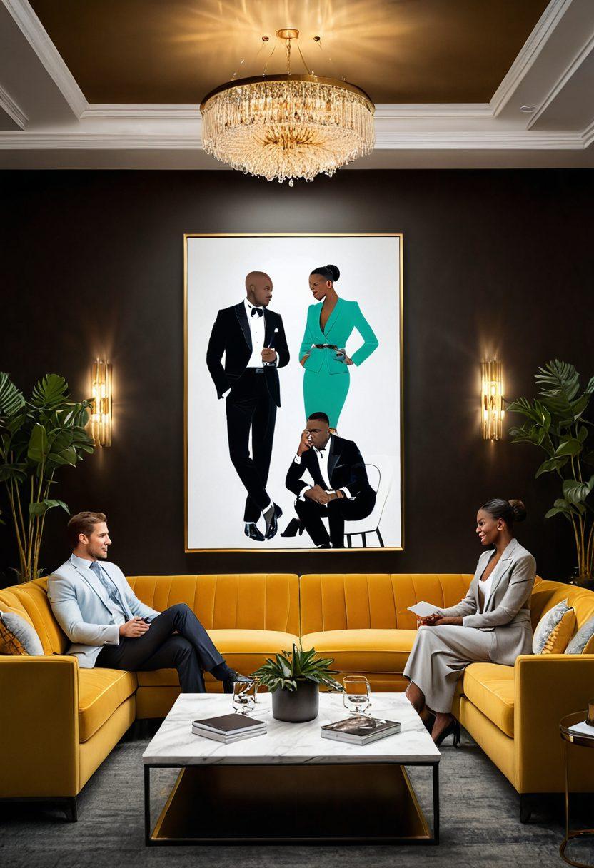 A diverse group of confident individuals in an upscale lounge environment, engaged in lively conversations, with elegant decor and soft lighting. Include elements representing networking, such as business cards and social media icons, alongside a subtle hint of the adult entertainment industry, like tasteful abstract art. Capture an atmosphere of sophistication and connection. super-realistic. vibrant colors. upscale aesthetic.