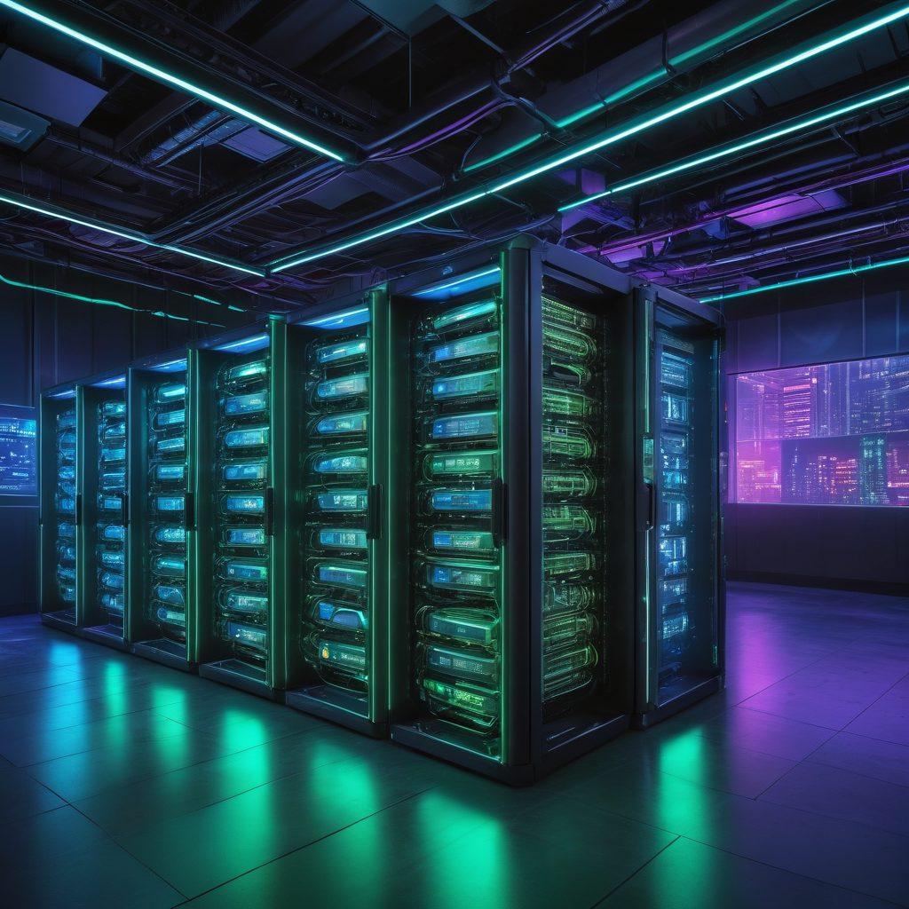 A modern and sleek web hosting server room with illuminated servers and cables, surrounded by digital icons representing adult services (e.g., booking, adult content, online interactions). Incorporate blue and green glowing lights to create a tech-savvy atmosphere. The background should hint at a city skyline, symbolizing growth and connectivity for adult services. cyberpunk. super-realistic. vibrant colors.